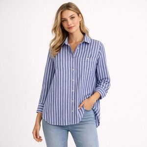 J.Crew Linen Ramie Blend Button Down Shirt Top Size 10 Blue White Stripe Coastal